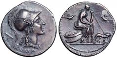 Anonymous AR Denarius. Anonymous AR Denarius. Rome, 115-114 BC. Head of Roma right, wearing winged and crested helmet, hair falling in two locks down neck, X behind, ROMA below / Roma, helmeted, seate