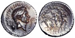 Sextus Pompey AR Denarius. Sextus Pompey AR Denarius. Uncertain mint in Sicily, (Catania?), 37-36 BC. MAG PIVS IMP ITER, bare head of Pompey Magnus right; capis behind, lituus before / Neptune standin