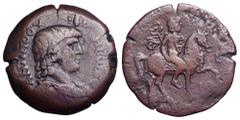 Antinous Æ Diobol of Alexandria. Antinous Æ Diobol of Alexandria. AD 134-5. ANTINOOY HPΩOΣ, draped bust right, wearing hem-hem crown / Antinous on horseback to right holding caduceus, I-Q below. Köln 
