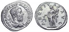 Macrinus AR Denarius. Macrinus AR Denarius. Rome, AD 217-8. IMP C M OPEL SEV MACRINVS AVG, laureate and draped bust right / AEQVITAS AVG, Aequitas standing, head left, holding scales and cornucopiae. 