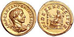 Elagabalus AV Aureus. Elagabalus AV Aureus. Rome, AD 219. IMP CAES ANTONINVS AVG, laureate, draped and cuirassed bust right / FIDES EXERCITVS, Fides seated left, holding eagle in right hand and standa