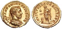 Elagabalus AV Aureus. Elagabalus AV Aureus. Rome, AD 220-22. IMP ANTONINVS PIVS AVG, laureate and draped bust right, with ‘horn’ / INVICTVS SACERDOS AVG, Elagabalus standing left, in long robe to feet