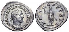 Gordian I AR Denarius. Gordian I AR Denarius. Rome, AD 238. IMP M ANT GORDIANVS AFR AVG, laureate, draped and cuirassed bust right / P M TR P COS P P, emperor standing left, holding olive branch and s