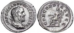 Pupienus AR Denarius. Pupienus AR Denarius. Rome, AD 238. IMP C M CLOD PVPIENVS AVG, laureate, draped and cuirassed bust right / CONCORDIA AVGG, Concordia seated left, holding patera and double cornuc