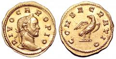 Divus Carus AV Aureus. Divus Carus AV Aureus. Lugdunum, AD 284. DIVO CARO PIO, laureate head right / CONSECRATIO, eagle standing right, head turned left. RIC 4; Calicó 4261. 4.33g, 19mm, 12h. Good Ext