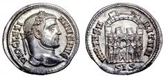 Diocletian AR Siliqua. Diocletian AR Siliqua. Siscia, AD 294-5. DIOCLETIANVS AVG, laureate head right / VIRTVS MILITVM, four tetrarchs sacrificing over tripod before archway of campgate, SIS in ex. RI