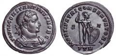 Constantine I, as Caesar, Æ Follis. Constantine I, as Caesar, Æ Follis. Treveri, AD 307. FL VAL CONSTANTINVS NOB C, laureate and cuirassed bust right / MARTI PATRI CONSERVATORI, Mars, naked, standing 