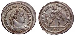 Constantine I, as Caesar, Æ Follis. Constantine I, as Caesar, Æ Follis. Treveri, AD 307. FL VAL CONSTANTINVS NOB C, laureate and cuirassed bust right / MARTI PATRI PROPVGNATORI, Mars, naked but for ch