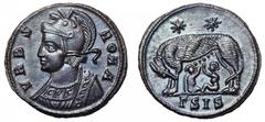 City Commemorative Æ Follis. City Commemorative Æ Follis. Siscia, AD 330-3. VRBS ROMA, helmeted bust of Roma left wearing imperial cloak / She-wolf left, suckling Romulus and Remus, two stars above, Γ