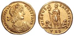 Constantius II AV Solidus. Constantius II AV Solidus. Thessalonica, AD 337-40. FL IVL CONSTANTIVS P F AVG, laurel and rosette-diademed, draped and cuirassed bust right / VIRTVS EXERCITVM, Constantius 