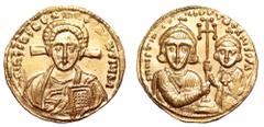 Justinian II, Second Reign, AV Solidus. Justinian II, Second Reign, AV Solidus. Constantinople, AD 705-11. d N IhS ChS RЄX RЄGNANTIVM, bust of Christ facing, with cross behind head, with curly hair an
