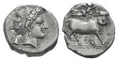 Campania, Neapolis AR Didrachm. Campania, Neapolis AR Didrachm. c. 320-300. Diademed head of nymph r. / Man-headed bull walking r.; above, Nike flying r., placing wreath on bull’s head. HNItaly 571; S