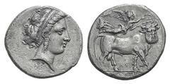 Campania, Neapolis AR Didrachm. Campania, Neapolis AR Didrachm. c. 300-275. Diademed head of nymph r. / Man-headed bull walking r.; above, Nike flying r., placing wreath on bull’s head. HNItaly 579; S