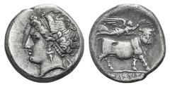 Campania, Neapolis AR Didrachm. Campania, Neapolis AR Didrachm. c. 275-250. Diademed head of nymph l. / Man-headed bull walking r.; above, Nike flying r., placing wreath on bull’s head. HNItaly 586; c