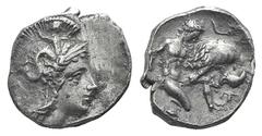 Calabria, Taras AR Diobol. Calabria, Taras AR Diobol. c. 380-325. Head of Athena r., wearing crested helmet decorated with Skylla / Herakles kneeling r., holding club, fighting the Nemean Lion. HNItal