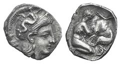 Calabria, Taras AR Diobol. Calabria, Taras AR Diobol. c. 380-325. Head of Athena r., wearing crested helmet decorated with Skylla / Herakles kneeling r., holding club, fighting the Nemean Lion. HNItal
