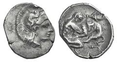 Calabria, Taras AR Diobol. Calabria, Taras AR Diobol. c. 325-280. Helmeted head of Athena l., helmet decorated with Skylla hurling a stone / Herakles wrestling with lion; club behind, grasshopper abov