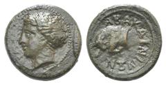 Sicily, Abakainon Æ Tetras. Sicily, Abakainon Æ Tetras. c. 344-336. Head of a nymph l., hair in ampyx and sphendone / Forepart of man-headed bull l. CNS I, 5; SNG ANS 901. 4.22g, 16mm, 1h. Brown patin