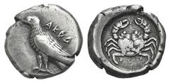 Sicily, Akragas AR Didrachm. Sicily, Akragas AR Didrachm. c. 510-480. Eagle standing l. / Crab; below,EV. SNG ANS 921. 8.77g, 21mm, 1h. Attractively toned, good VF