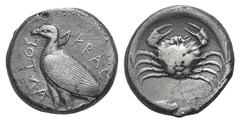 Sicily, Akragas AR Didrachm. Sicily, Akragas AR Didrachm. c. 465-446. AR Tetradrachm. Eagle standing l. / Crab within shallow incuse circle. SNG ANS 972. 17.10g, 24mm, 8h. Finely toned, good VF