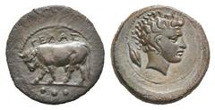 Sicily, Gela Æ Tetras. Sicily, Gela Æ Tetras. c. 420-405. Bull standing l.; three pellets in exergue / Head of river-god Gelas r.; grain-ear behind. CNS III, p. 8, 7; SNG ANS 106. 3.74g, 18mm, 3h. Fin