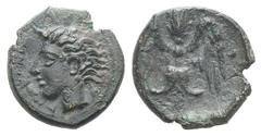 Sicily, Katane Æ Tetras. Sicily, Katane Æ Tetras. c. 405-402. Head of the river god Amenanos l.; ivy leaf behind / Winged thunderbolt; three pellets around. CNS III, 1; SNG ANS 1272. 1.59g, 12mm, 7h. 