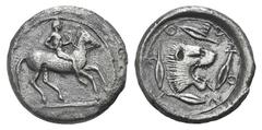 Sicily, Leontini AR Didrachm. Sicily, Leontini AR Didrachm. c. 476-466. Nude rider on horseback r. / Head of roaring lion r., four barley grains around. Boehringer, Leontini 13; SNG ANS 207. 7.70g, 22