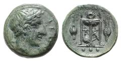 Sicily, Leontini Æ Tetras. Sicily, Leontini Æ Tetras. c. 405-402. Laureate head of Apollo r., olive leaf behind / Tripod with lyre between legs, flanked by barley grains; three pellets in exergue. CNS