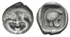 Thraco-Macedonian Region. AR Hemiobol. Thraco-Macedonian Region. AR Hemiobol. 5th-4th C. BC. Gorgoneion / Crested helmet within incuse square. 0.28g, 13mm. Unpublished in the standard references, cf. 