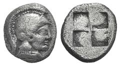 Macedon, Akanthos AR Diobol. Macedon, Akanthos AR Diobol. c. 500-470. Head of Athena r., wearing crested Attic helmet / Four-part incuse square. AMNG III/2, 19; SNG ANS 24-6. 1.17g, 10mm. VF