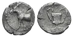 Macedon, Mende AR Hemiobol. Macedon, Mende AR Hemiobol. c. 460-423. Forepart of an ass l. / Kantharos within incuse square. SNG ANS 361. 0.24g, 7mm, 1h. Toned VF