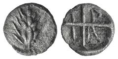 Macedon, Tragilos AR Hemiobol. Macedon, Tragilos AR Hemiobol. c. 450-400. Grain ear / Four-part incuse square; T-P-A-I in quarters. SNG ANS 903; SNG Copenhagen 446. 0.26g, 7mm, 9h. Toned, good VF