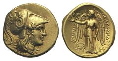 Kingdom of Macedon. Alexander III AV Stater. Kingdom of Macedon. Alexander III AV Stater. Abydos c. 303/2. Helmeted head of Athena r.; serpent on helmet / Nike standing l., holding wreath and stylis; 
