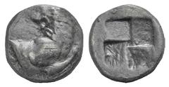 Thrace, Chersonesos AR Hemiobol. Thrace, Chersonesos AR Hemiobol. 5th C. BC. Forepart of lion r., head l. / Four-part incuse square. BMC p. 182, 3; cf. Rosen 135 (Obol). 0.34g, 7mm. Very rare. Toned V