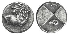 Thrace, Chersonesos AR Hemidrachm. Thrace, Chersonesos AR Hemidrachm. c. 386-338. Forepart of lion r., head l. / Four-part incuse square with alternating raised and sunken quarters; A in upper sunken 