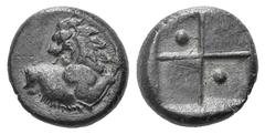Thrace, Chersonesos AR Diobol. Thrace, Chersonesos AR Diobol. c. 386-338. Forepart of lion r., head l. / Four-part incuse square; two opposing quarters raised, the others containing pellets. Cf. SNG C