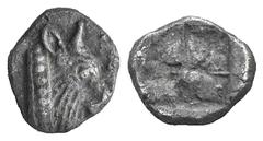 Thrace, Dikaia AR Didrachm. Thrace, Dikaia AR Didrachm. c. 500-480. Head of bull r. / Four-part incuse square. May, Dikaia -, cf. Barron, Samos pl., 1a and 2. 7.27g, 18mm, 6h. Very rare, toned VF