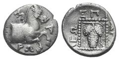 Thrace, Maroneia AR Triobol. Thrace, Maroneia AR Triobol. c. 386-348. Aristoleo, magistrate. Forepart of a horse r. / Grape cluster within dotted square. Schönert-Geiss 535-564. 2.31g, 14mm, 11h. VF