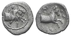 Thessaly, Trikka AR Hemidrachm. Thessaly, Trikka AR Hemidrachm. c. 450-400. Youthful hero, Thessalos, holding a band with both hands below the horns of the forepart of a bull leaping r. / Forepart of 