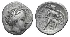 Lokris Opuntii AR Hemidrachm. Lokris Opuntii AR Hemidrachm. c. 369-338. Wreathed head of Persephone r. / Ajax advancing r., nude but for crested helmet, brandishing dagger and shield; kantharos betwee