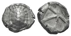 Islands off Attica, Aegina AR Stater. Islands off Attica, Aegina AR Stater. c. 456/45-431. Land tortoise with segmented shell / Incuse square with a skew pattern. Milbank pl. 2, 12; SNG Copenhagen 516