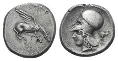 Corinthia, Corinth AR Stater. Corinthia, Corinth AR Stater. c. 400-375. Pegasos standing r., drinking at the spring of Peirene on the AkroCorinthia, Corinthos / Helmeted head of Athena l.; bucranium b