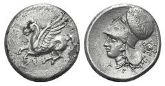 Corinthia, Corinth AR Stater. Corinthia, Corinth AR Stater. c. 375-300. Pegasos flying l. / Helmeted head of Athena l.; A to l., P below; aegis to r. Ravel 1009; BMC 253. 8.29g, 21mm, 6h. Nearly VF