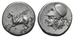 Corinthia, Corinth AR Stater. Corinthia, Corinth AR Stater. c. 375-300. Pegasos flying l. / Helmeted head of Athena l.; AΛ and wheel behind. Ravel 1055; BMC -. 8.59g, 21mm, 10h. Double strike on rever