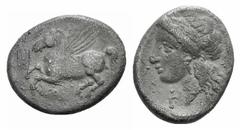 Corinthia, Corinth AR Stater. Corinthia, Corinth AR Stater. c. 350-300. AR Drachm. Pegasos flying l. / Head of Aphrodite l.; Γ below chin. Cf. SNG Copenhagen 89. 2.51g, 16mm, 10h. Rare, Good F