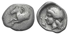 Corinthia, Corinth AR Stater. Corinthia, Corinth AR Stater. c. 350-300. Forepart of Pegasos l. / Head of Aphrodite l.; dolphin before. 1.32g, 13mm, 9h. F/VF