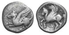Corinthia, Corinth AR Stater. Corinthia, Corinth AR Stater. c. 375-300. Pegasos flying l. / Pegasos flying l.; Δ below, Ω behind. 0.87g, 9mm, 3h. VF