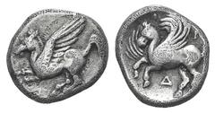 Corinthia, Corinth AR Stater. Corinthia, Corinth AR Stater. c. 375-300. Pegasos flying l. / Pegasos flying l.; Δ below, Ω behind. 0.89g, 10mm, 11h. VF