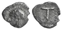 Arkadia, Tegea AR Tetartemorion. Arkadia, Tegea AR Tetartemorion. c. 423-400. Helmeted head of Athena Alea l. / T within shallow incuse square. BCD Peloponnesos 1721; HGC 5, 1054. 0.23g, 7mm, 5h. VF