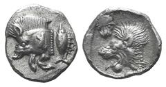 Mysia, Kyzikos AR Hemiobol. Mysia, Kyzikos AR Hemiobol. c. 550-500. Forepart of boar l.; tunny behind / Head of lion l.; lion’s head facing above l.; all within incuse square. SNG Copenhagen 49 var. (